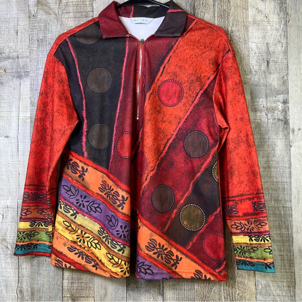 Small No Brand Abstract Multicolored 1/3 Front Pull Zip Top with 3/4 Sle…